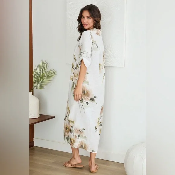 (5-42-MAGNOLIA-BGE) BUTTON DOWN LONG MAGNOLIA FLOWERS LINEN DRESS - Picture 4 of 5